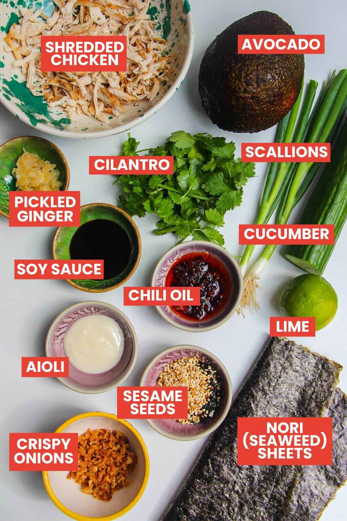 Ingredients for sushi chicken salad laid out and labelled.