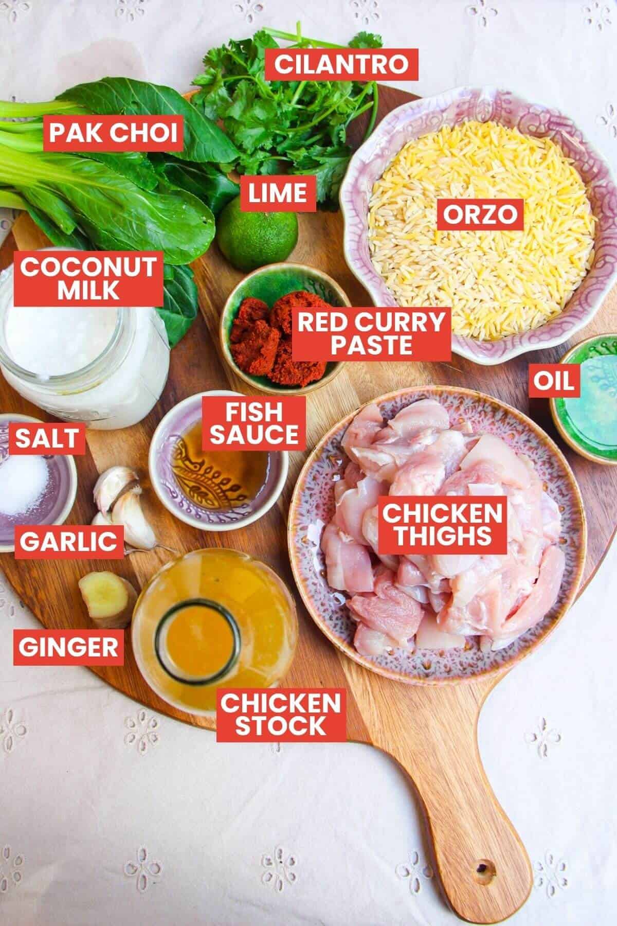 Red curry orzo ingredients laid out and labelled.