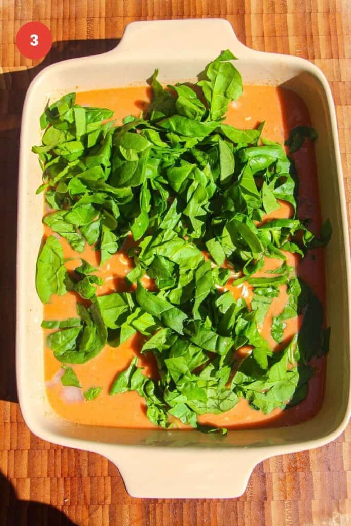 Spinach leaves scattered on top of ramen in a satay sauce.