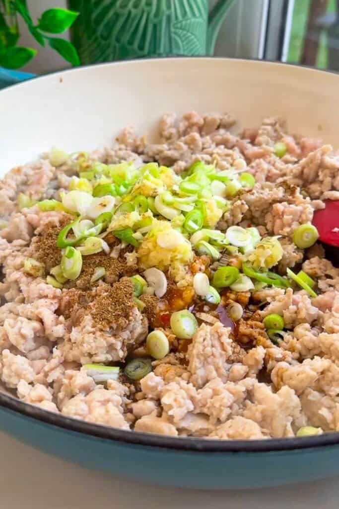 Sauces and aromatics added to ground chicken.