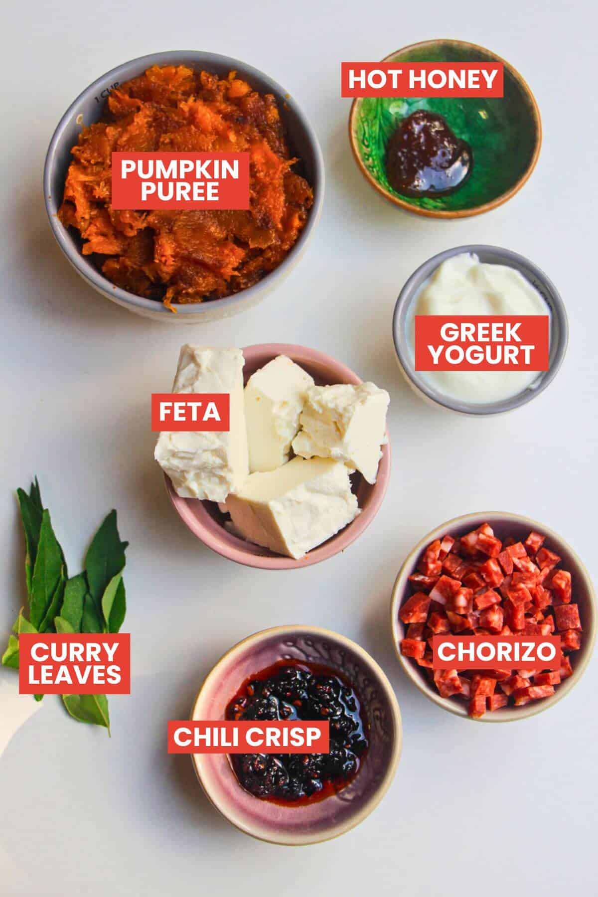 Ingredients for whipped butternut squash feta laid out and labelled.