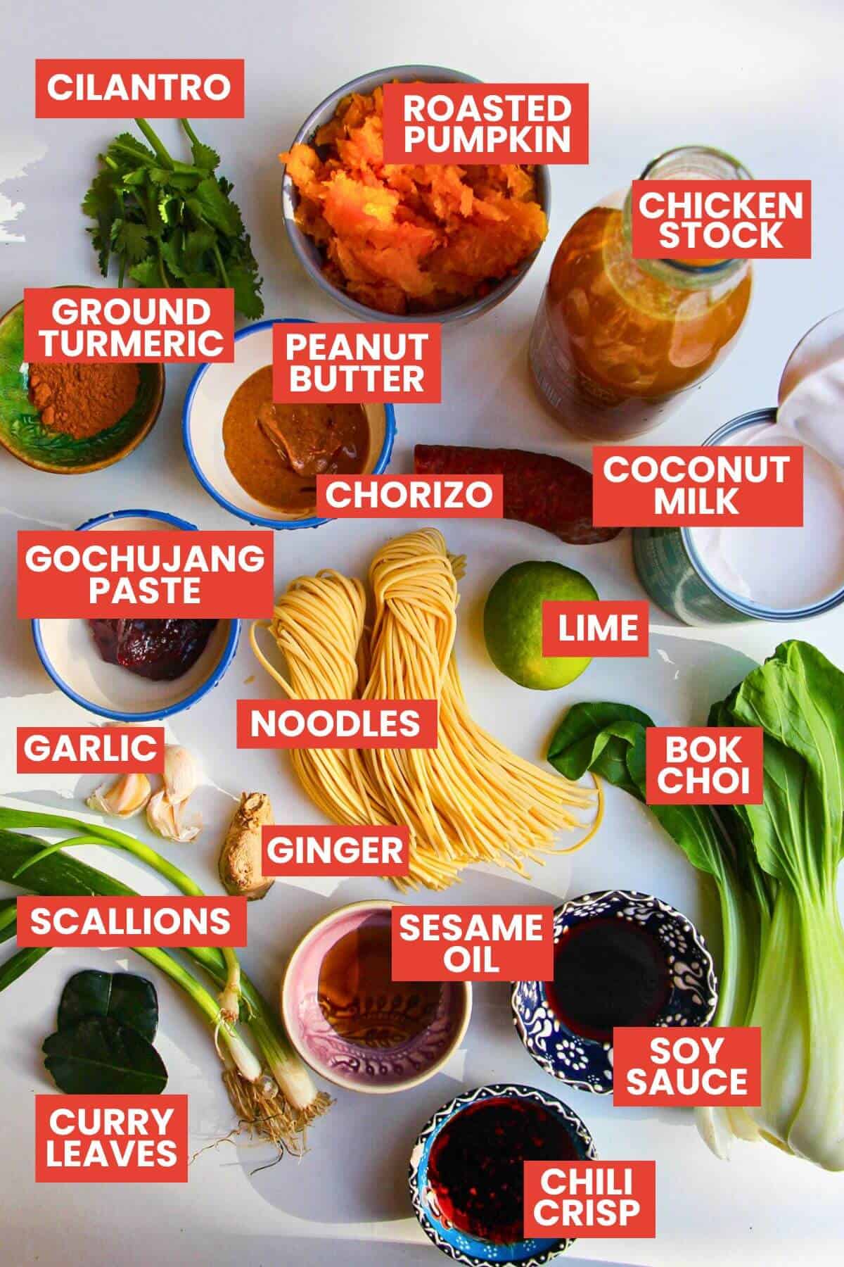 Ingredients for butternut squash ramen laid out and labelled.