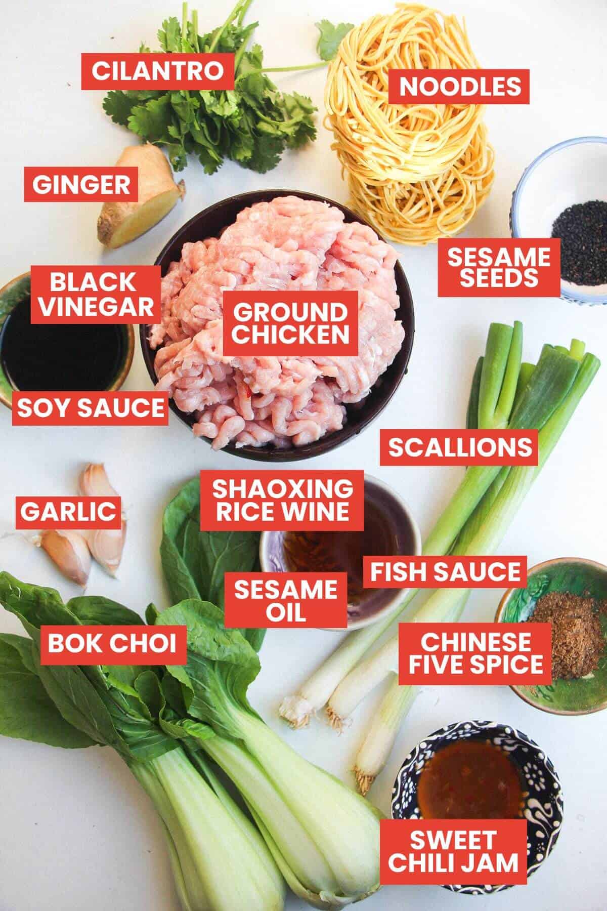 Ingredients for dumplling noodles laid out and labelled.