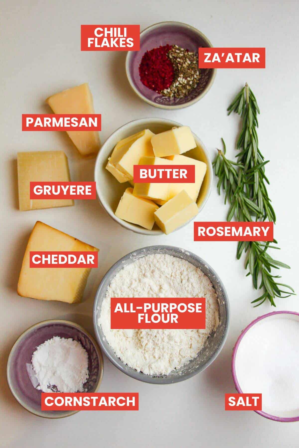 Ingredients for savory cheese cookies laid out and labelled.