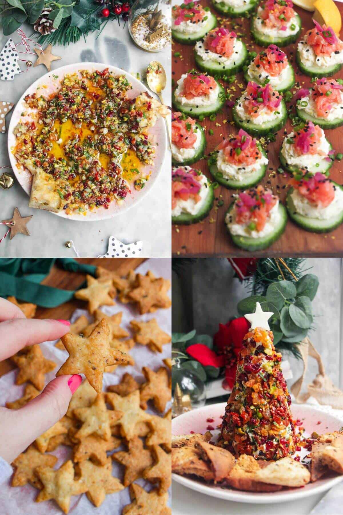 Festive oil, smoked salmon bites, cheese stars and Christmas tree cheese ball.