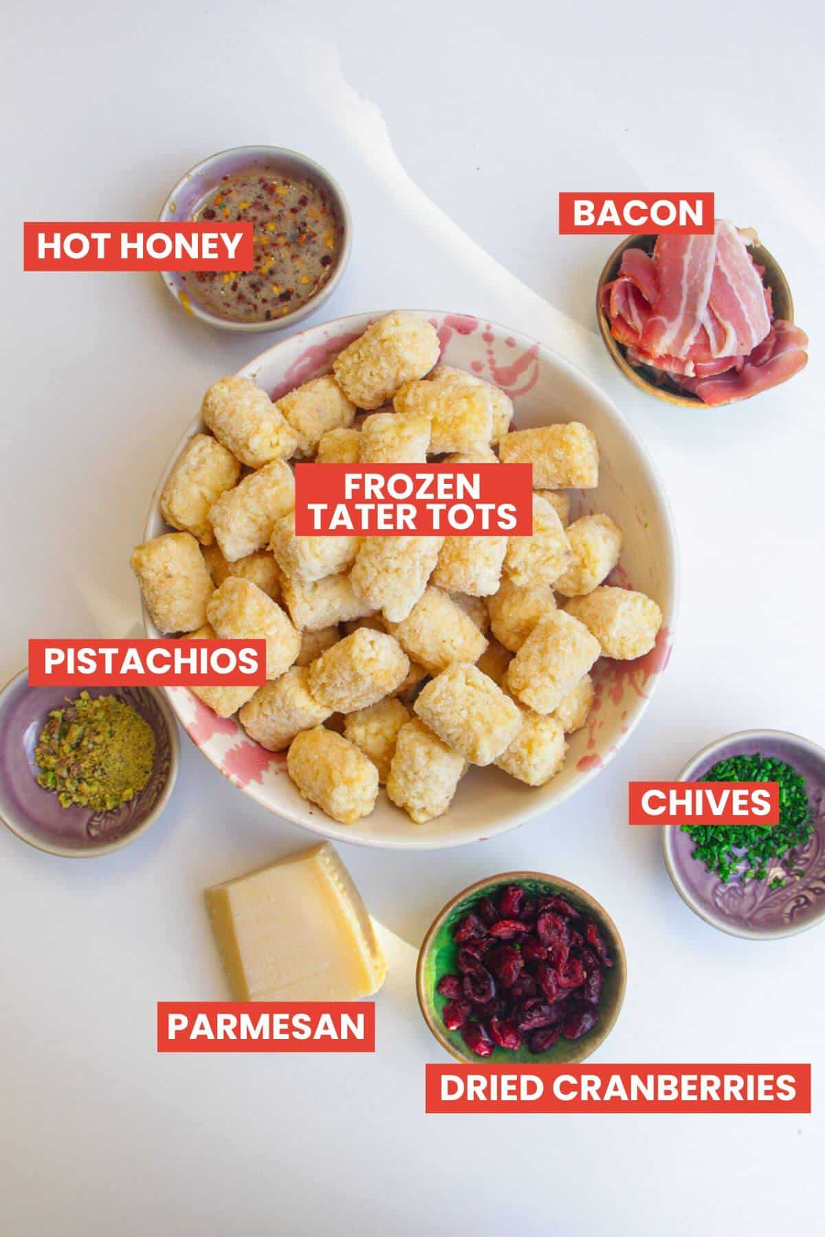 Ingredients for bacon wrapped tater tots laid out and labelled.