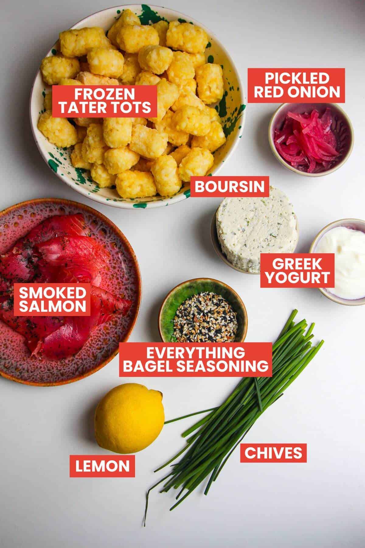 Ingredients for smoked salmon hash brown cups laid out and labelled.