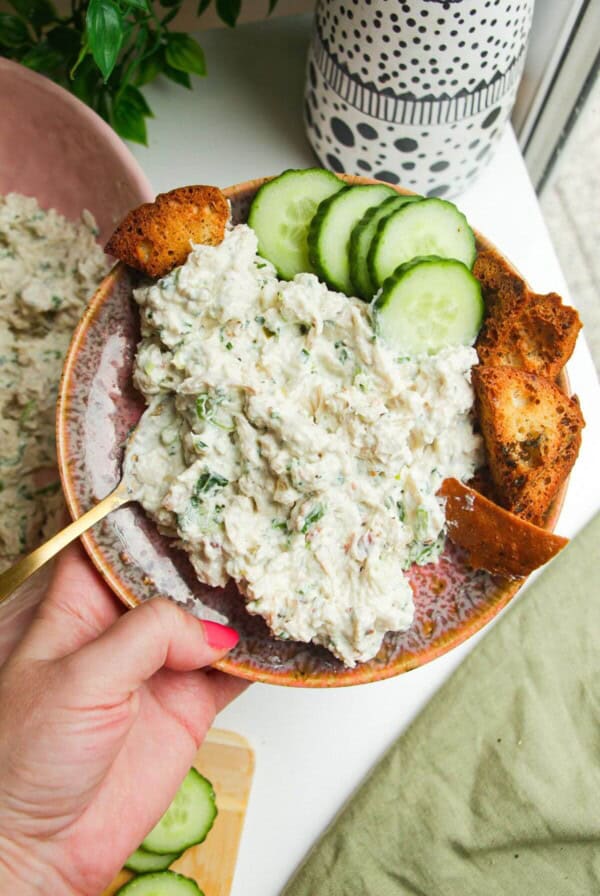 Hand holding plate with Caesar inspired chicken salad, with pita chips and cucumber on the side.