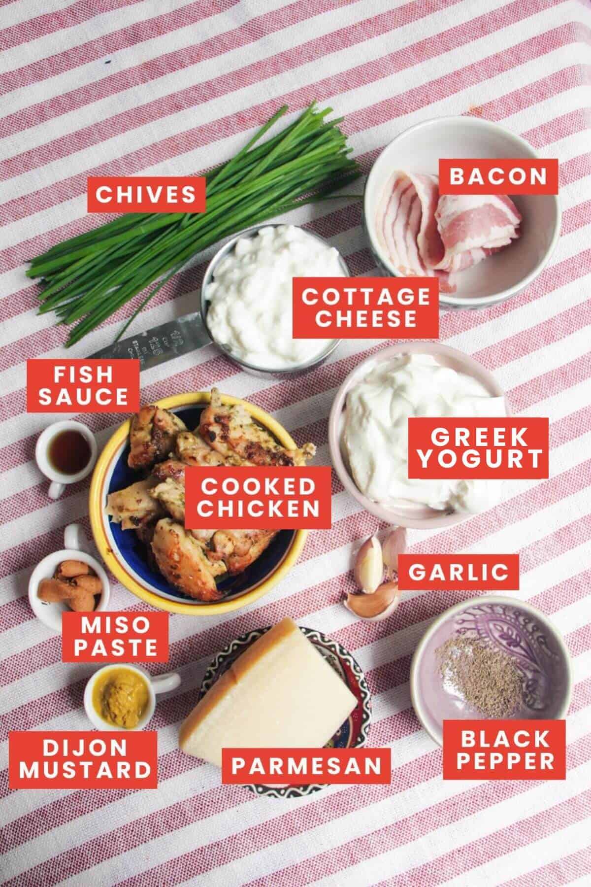 Ingredients for Caesar inspired salad laid out and labelled.