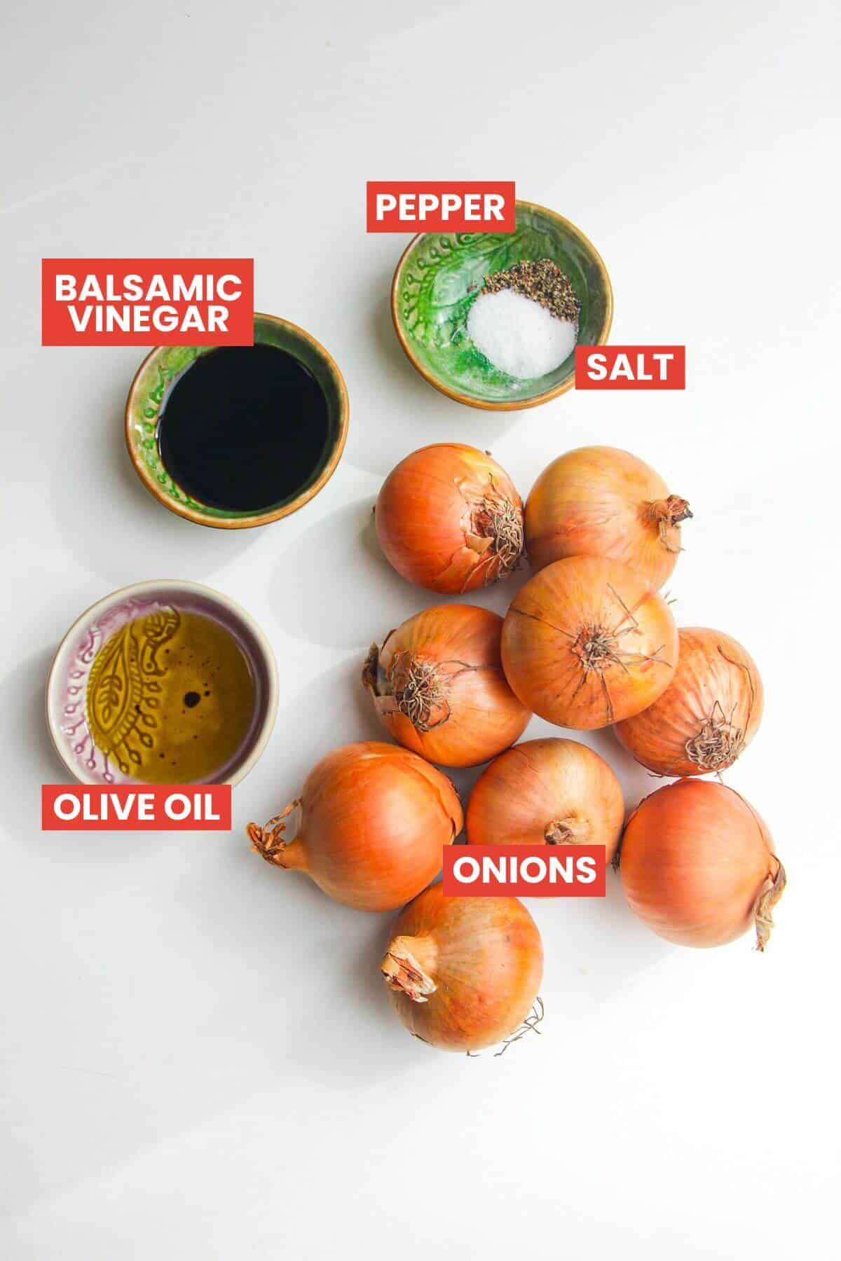 Ingredients for caramelized onions laid out and labelled.