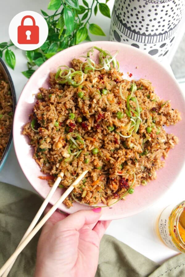 Dumpling inspired fried rice on a plate with chopsticks.