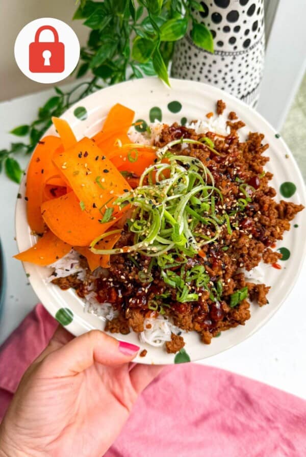Gochujang beef bowls with pickled carrots.