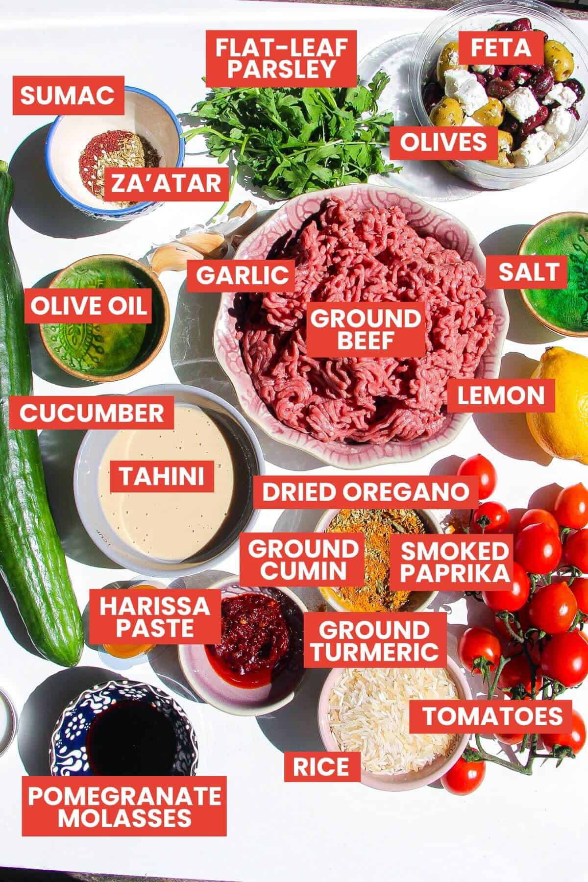 Ingredients for Mediterranean beef rice bowls laid out and labelled.