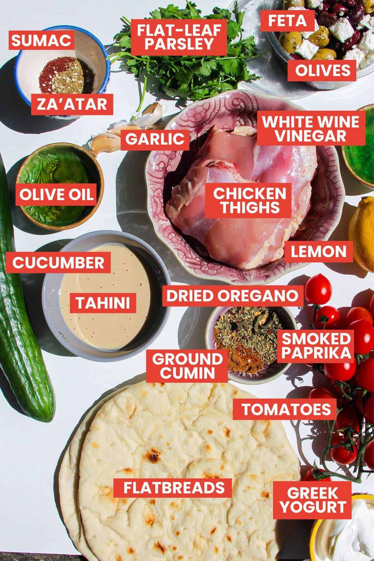 Greek pita nachos ingredients laid out and labelled.