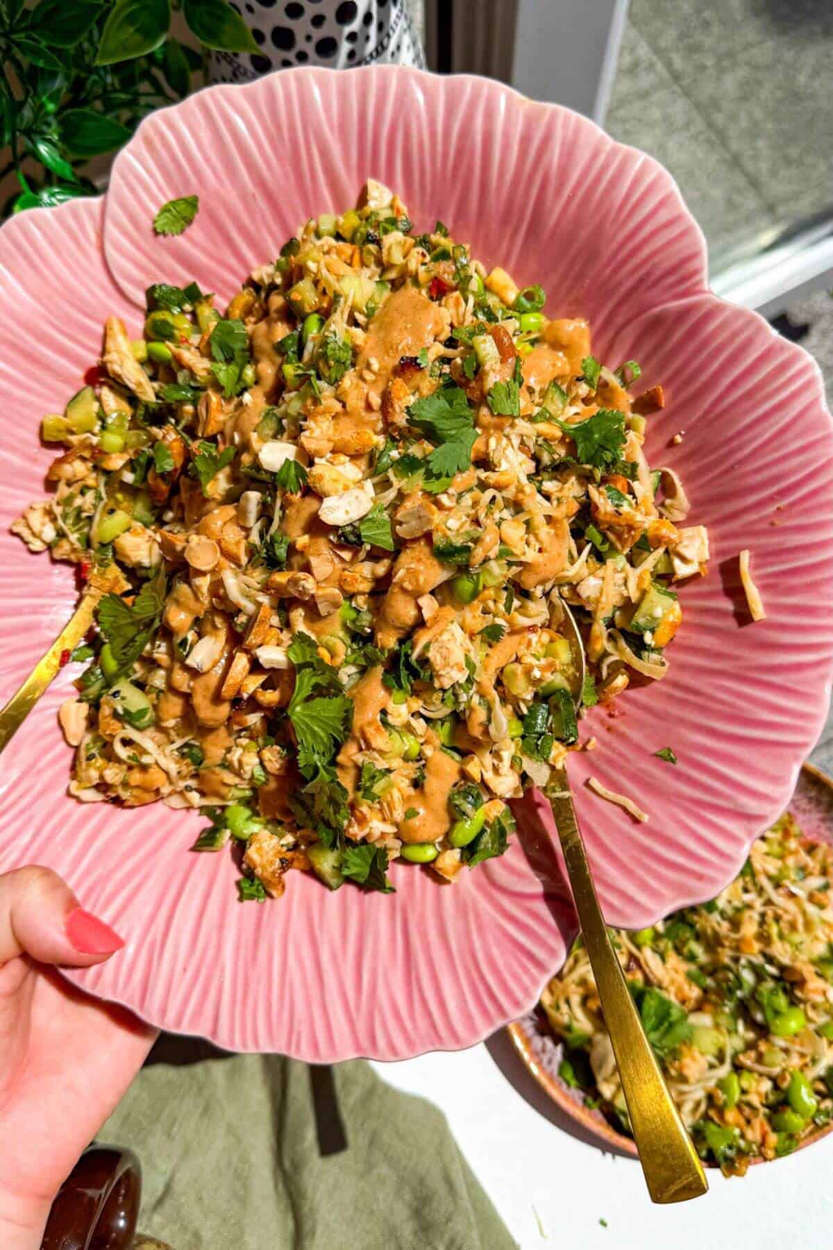 Satay chicken crunch salad in serving bowl with spoon.