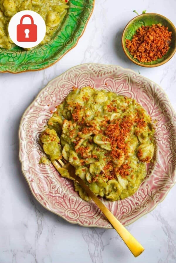 Silky broccoli pasta topped with golden breadcrumbs.