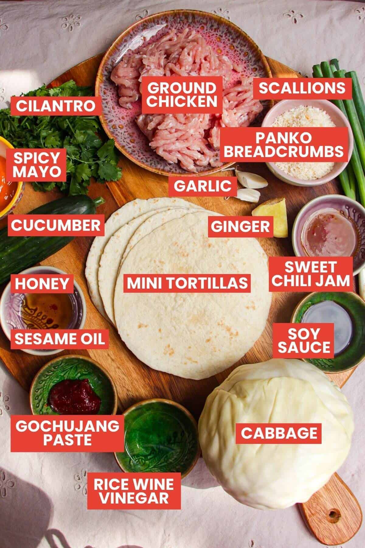Ingredients for Korean fried chicken tacos laid out and labelled.