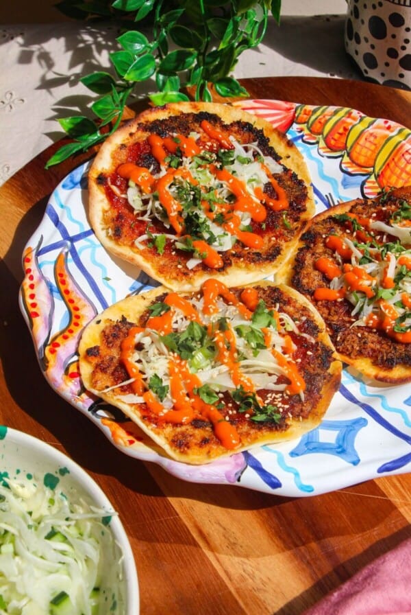 Platter of Korean fried chicken smash tacos.