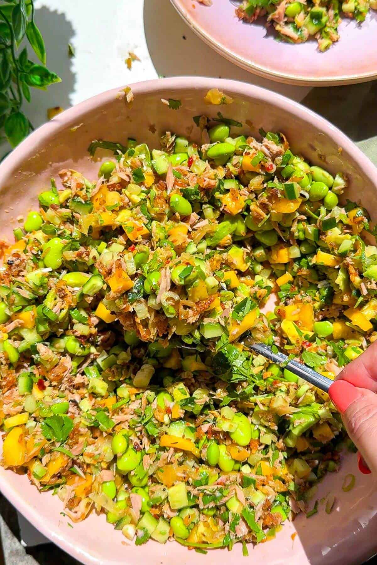 Mixing tuna crispy rice salad in a large bowl.