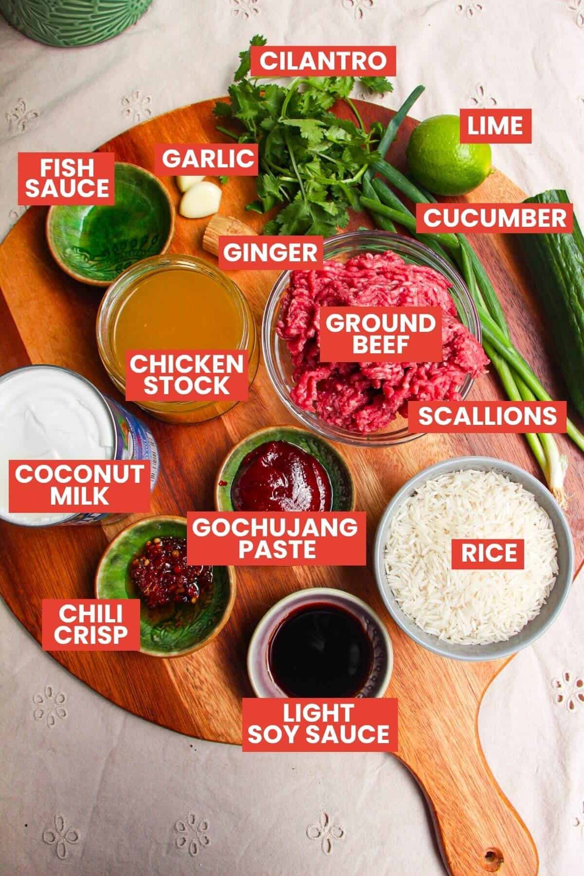 Ingredients for gochujang brothy rice bowls laid out and labelled.